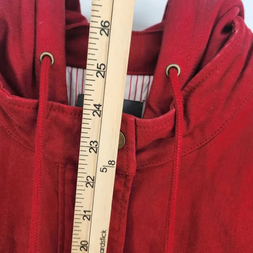 Market & Spruce Jacket Red Hood Stand Collar Zip Snap Long Sleeve Pockets Size M - Picture 4 of 6
